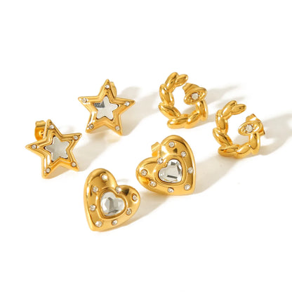 1 Pair Simple Style Commute Star Heart Shape Polishing Plating Inlay Stainless Steel Zircon 18k Gold Plated Ear Studs