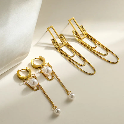 1 Pair Simple Style Commute Tassel Plating Imitation Pearl Titanium Steel 18k Gold Plated Drop Earrings