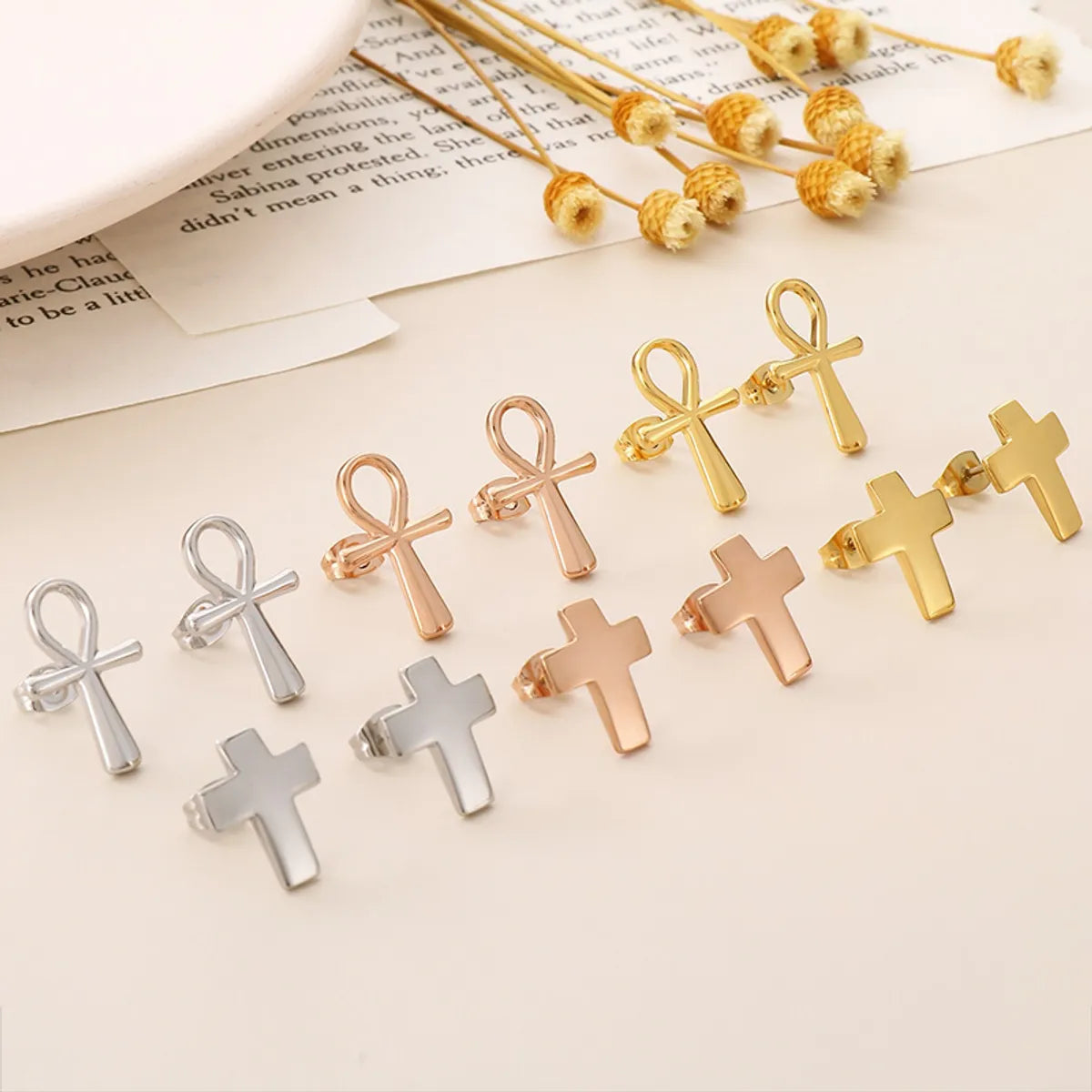 1 Pair Simple Style Cross Heart Shape Plating Titanium Steel Rose Gold Plated Gold Plated Ear Studs