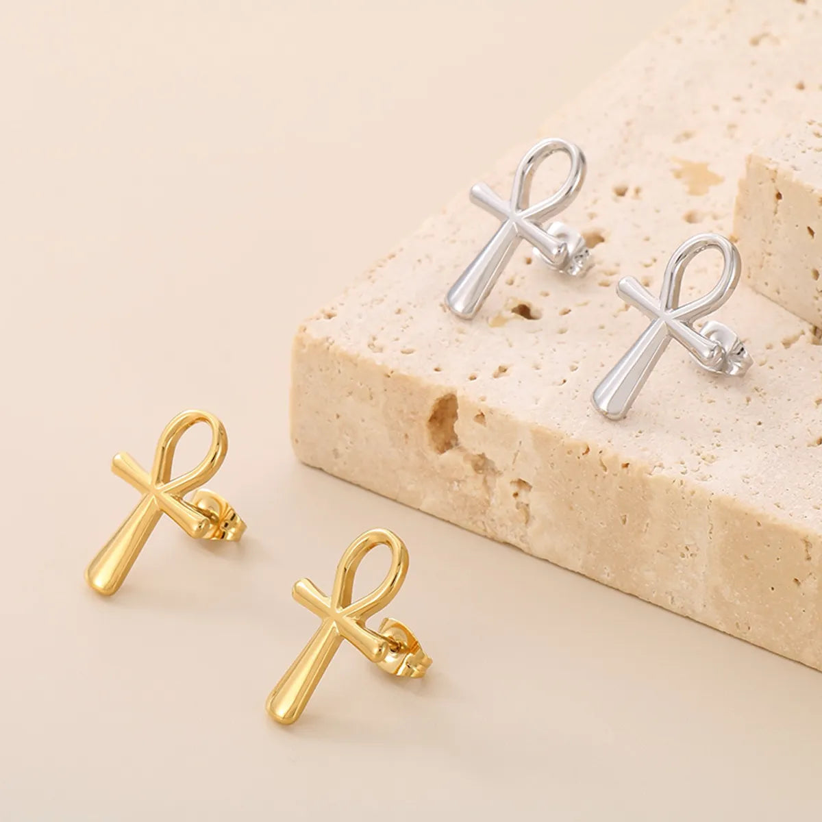 1 Pair Simple Style Cross Heart Shape Plating Titanium Steel Rose Gold Plated Gold Plated Ear Studs