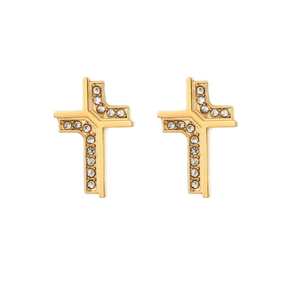 1 Pair Simple Style Cross Inlay 304 Stainless Steel Moissanite Gold Plated Ear Studs