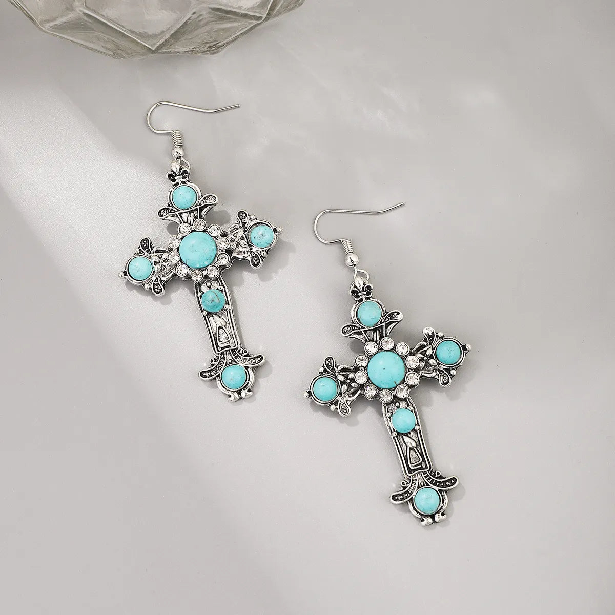 1 Pair Simple Style Cross Inlay Alloy Turquoise Drop Earrings