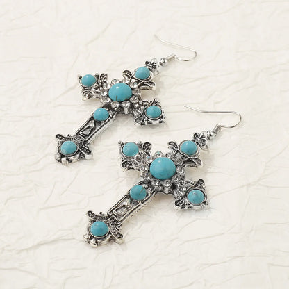 1 Pair Simple Style Cross Inlay Alloy Turquoise Drop Earrings