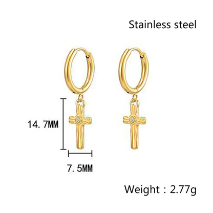 1 Pair Simple Style Cross Inlay Titanium Steel Rhinestones Drop Earrings