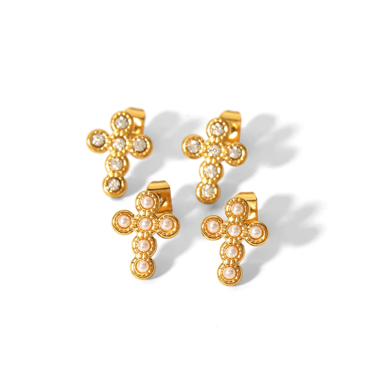 1 Pair Simple Style Cross Moon Polishing Plating Inlay Stainless Steel Zircon 18k Gold Plated Ear Studs