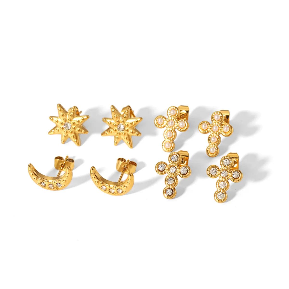 1 Pair Simple Style Cross Moon Polishing Plating Inlay Stainless Steel Zircon 18k Gold Plated Ear Studs