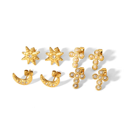 1 Pair Simple Style Cross Moon Polishing Plating Inlay Stainless Steel Zircon 18k Gold Plated Ear Studs