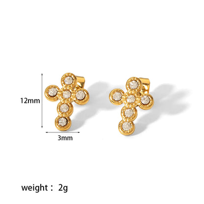 1 Pair Simple Style Cross Moon Polishing Plating Inlay Stainless Steel Zircon 18k Gold Plated Ear Studs