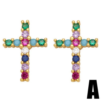 1 Pair Simple Style Cross Plating Inlay Copper Zircon 18k Gold Plated Ear Studs