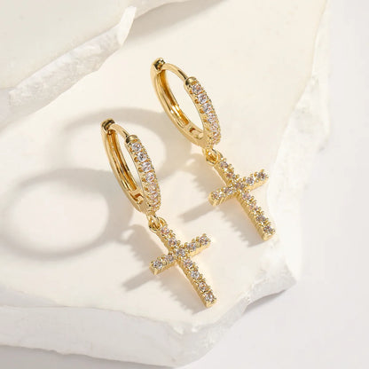 1 Pair Simple Style Cross Plating Inlay Copper Zircon White Gold Plated Gold Plated Drop Earrings