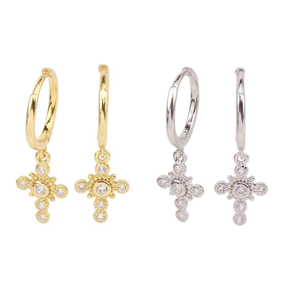 1 Pair Simple Style Cross Plating Inlay Sterling Silver Zircon White Gold Plated Gold Plated Drop Earrings