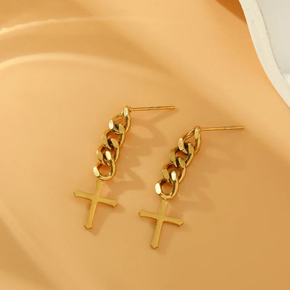 1 Pair Simple Style Cross Plating Stainless Steel 18k Gold Plated Drop Earrings