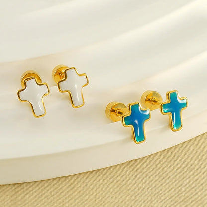 1 Pair Simple Style Cross Polishing Plating Stainless Steel 18k Gold Plated Ear Studs