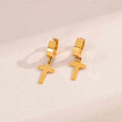 1 Pair Simple Style Cross Round Plating Stainless Steel 18k Gold Plated Earrings