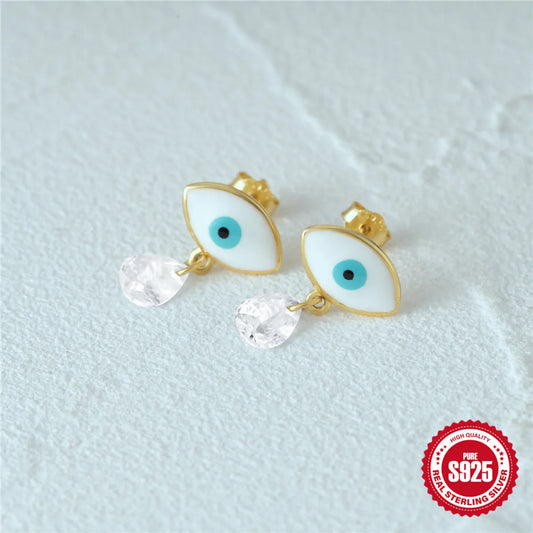 1 Pair Simple Style Devil's Eye Water Droplets Enamel Plating Zircon Sterling Silver Drop Earrings