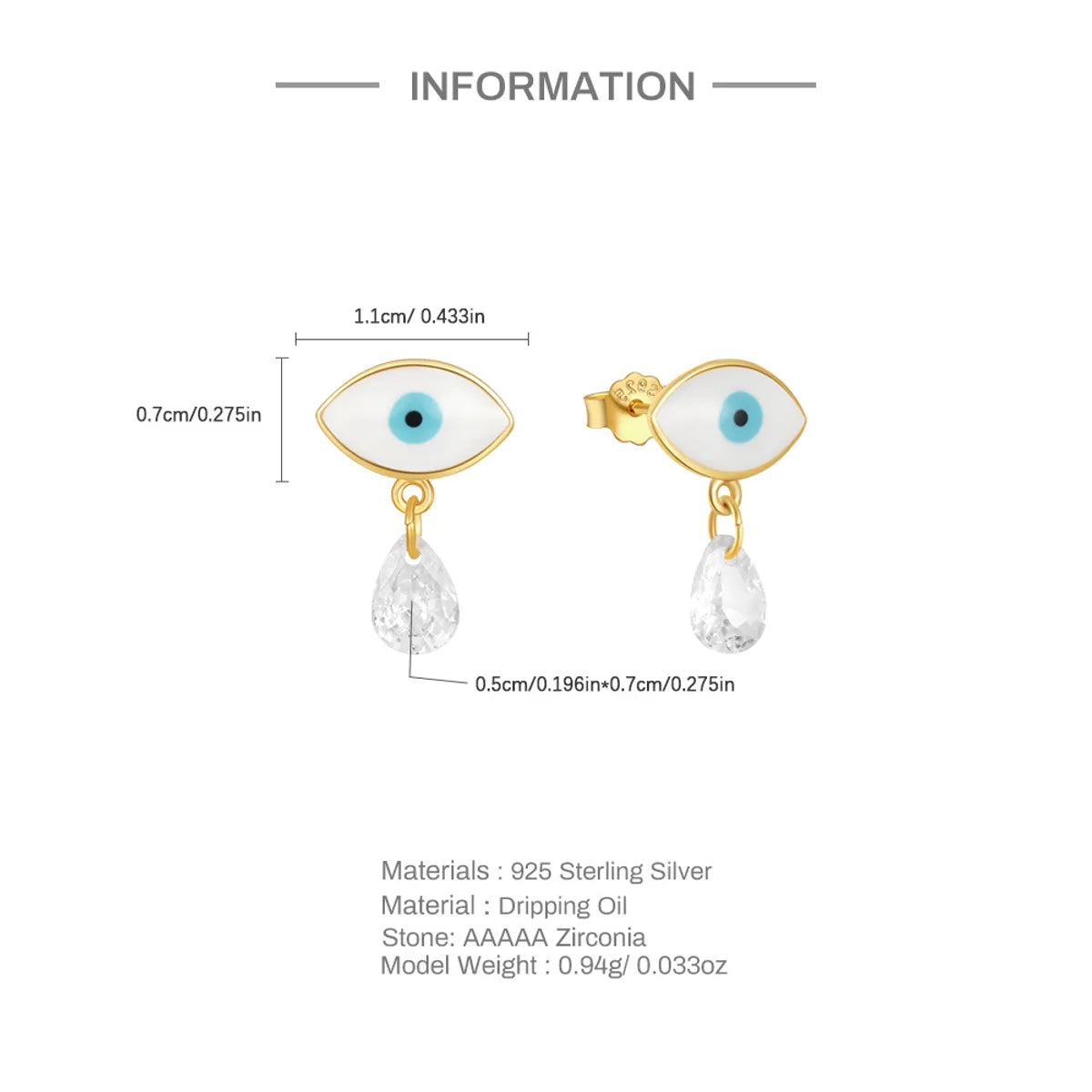 1 Pair Simple Style Devil's Eye Water Droplets Enamel Plating Zircon Sterling Silver Drop Earrings