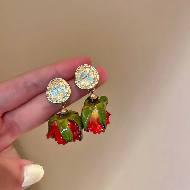 1 Pair Simple Style Flower Copper Enamel Rhinestones Drop Earrings Ear Studs