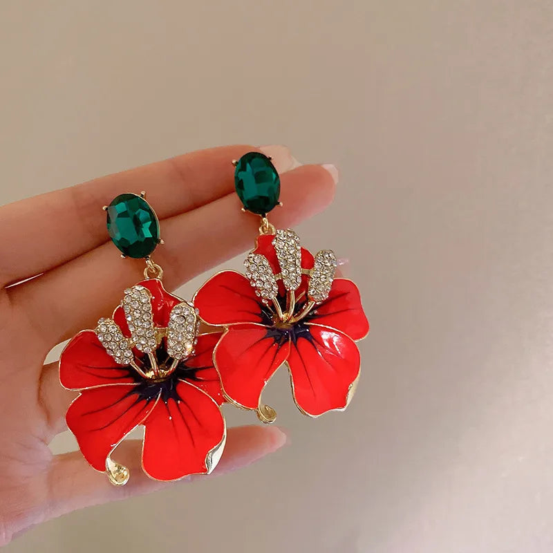 1 Pair Simple Style Flower Copper Enamel Rhinestones Drop Earrings Ear Studs