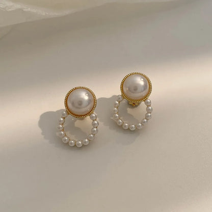 1 Pair Simple Style Flower Inlay Alloy Pearl Drop Earrings