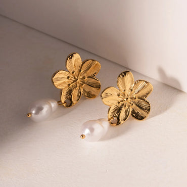 1 Pair Simple Style Flower Inlay Stainless Steel Pearl 18k Gold Plated Drop Earrings