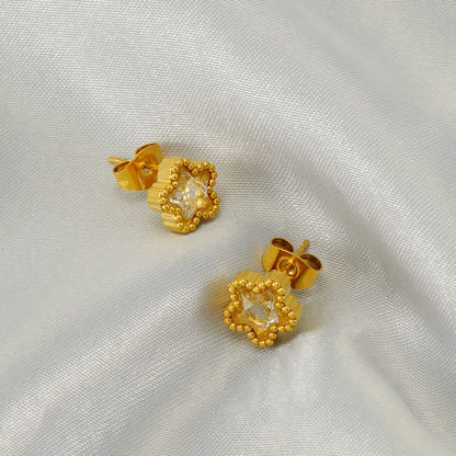 1 Pair Simple Style Flower Inlay Stainless Steel Zircon 18K Gold Plated Ear Studs