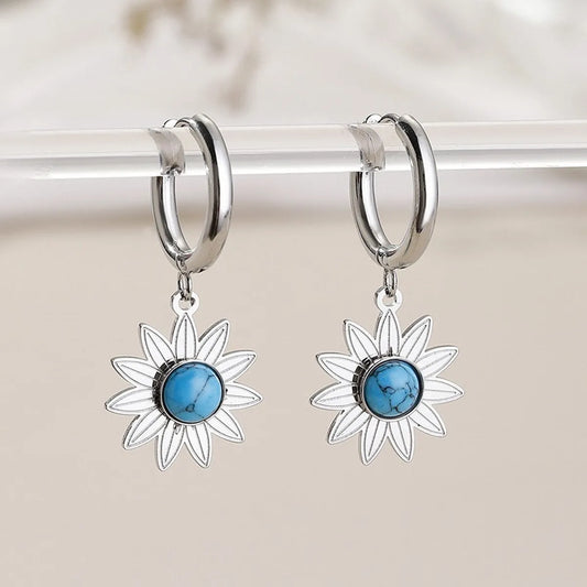 1 Pair Simple Style Flower Inlay Titanium Steel Natural Stone Drop Earrings