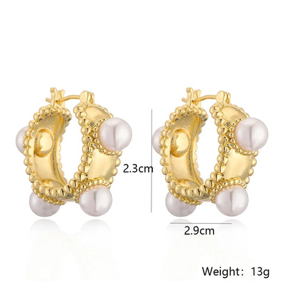 1 Pair Simple Style Geometric Color Block Plating Inlay Copper Pearl 18k Gold Plated Hoop Earrings