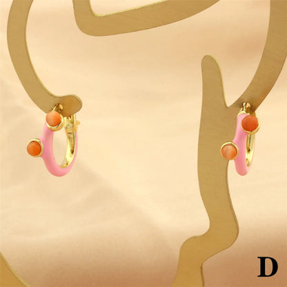 1 Pair Simple Style Geometric Enamel Plating Inlay Copper Opal 18k Gold Plated Hoop Earrings