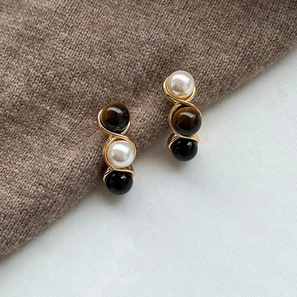 1 Pair Simple Style Geometric Inlay Brass Artificial Pearls Agate Tiger Eye Ear Studs