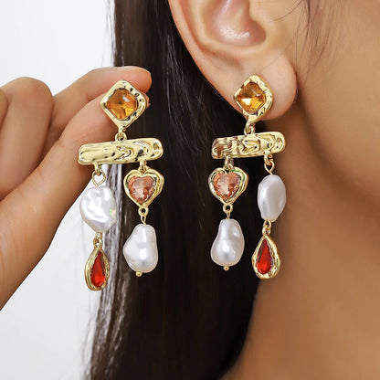 1 Pair Simple Style Geometric Inlay Imitation Pearl Rhinestones Drop Earrings