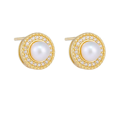 1 Pair Simple Style Geometric Round Plating Freshwater Pearl Sterling Silver Ear Studs