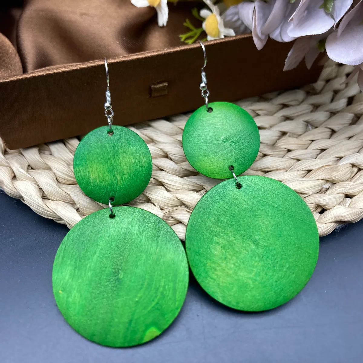 1 Pair Simple Style Geometric Round Wood Drop Earrings