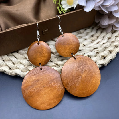 1 Pair Simple Style Geometric Round Wood Drop Earrings