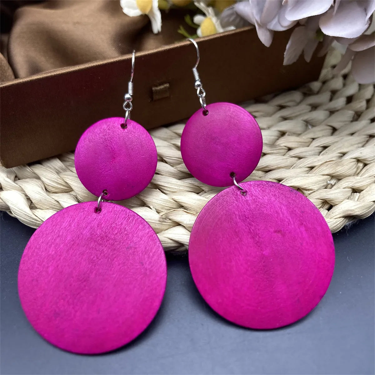 1 Pair Simple Style Geometric Round Wood Drop Earrings