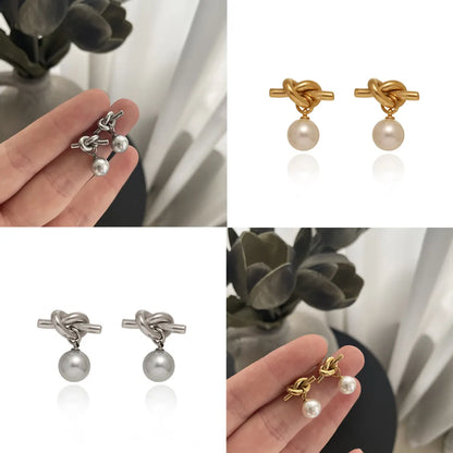 1 Pair Simple Style Geometric Solid Color Plating Inlay Titanium Steel Glass Pearl Drop Earrings