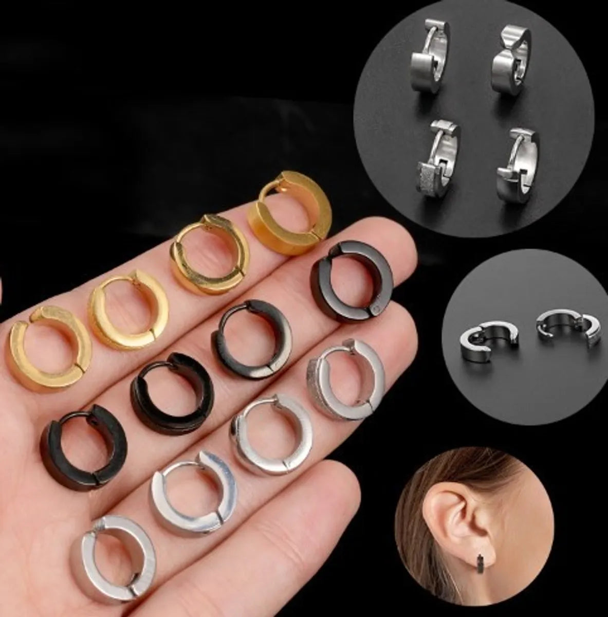 1 Pair Simple Style Geometric Solid Color Plating 202 Stainless Steel Titanium Steel 18K Gold Plated Hoop Earrings