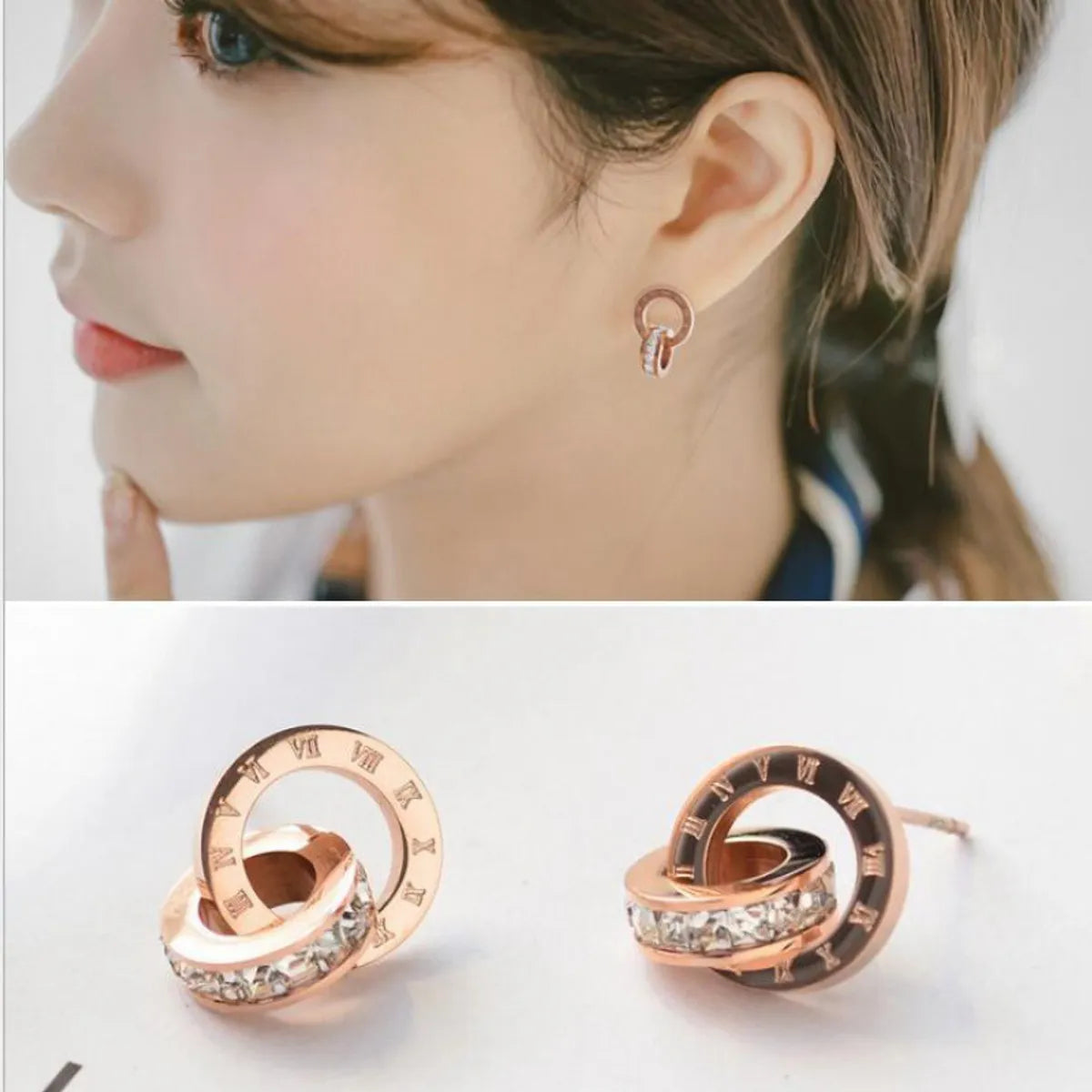 1 Pair Simple Style Geometric Titanium Steel Inlay Rhinestones Zircon Ear Studs