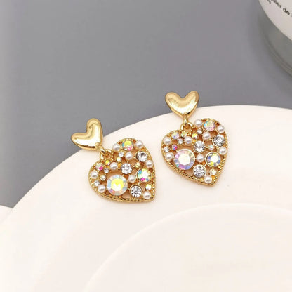 1 Pair Simple Style Heart Shape Alloy Inlay Rhinestones Valentine's Day Women's Drop Earrings