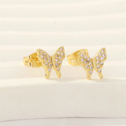 1 Pair Simple Style Heart Shape Butterfly Bow Knot Plating Inlay Copper Zircon 18k Gold Plated Ear Studs