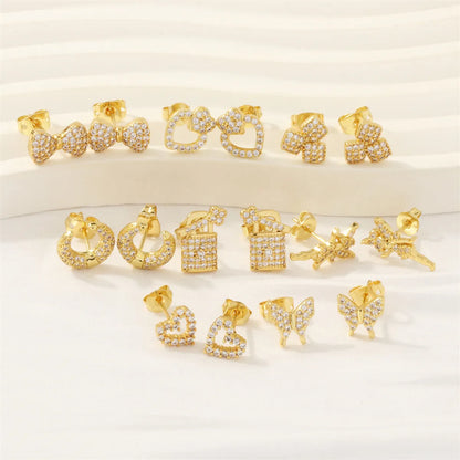 1 Pair Simple Style Heart Shape Butterfly Bow Knot Plating Inlay Copper Zircon 18k Gold Plated Ear Studs