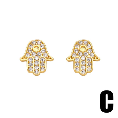 1 Pair Simple Style Heart Shape Crab Fish Bone Plating Inlay Copper Zircon 18k Gold Plated Ear Studs