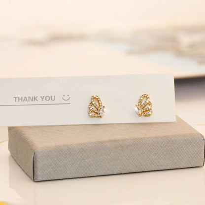 1 Pair Simple Style Heart Shape Crown Bow Knot Plating Copper Zircon Ear Studs