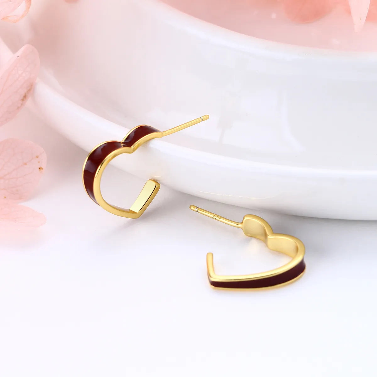 1 Pair Simple Style Heart Shape Epoxy Plating Sterling Silver Ear Studs