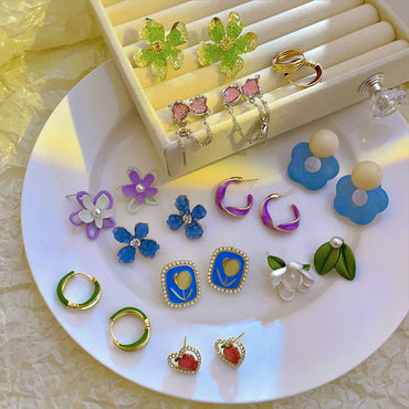 1 Pair Simple Style Heart Shape Flower Plating Inlay Alloy Artificial Gemstones Ear Studs