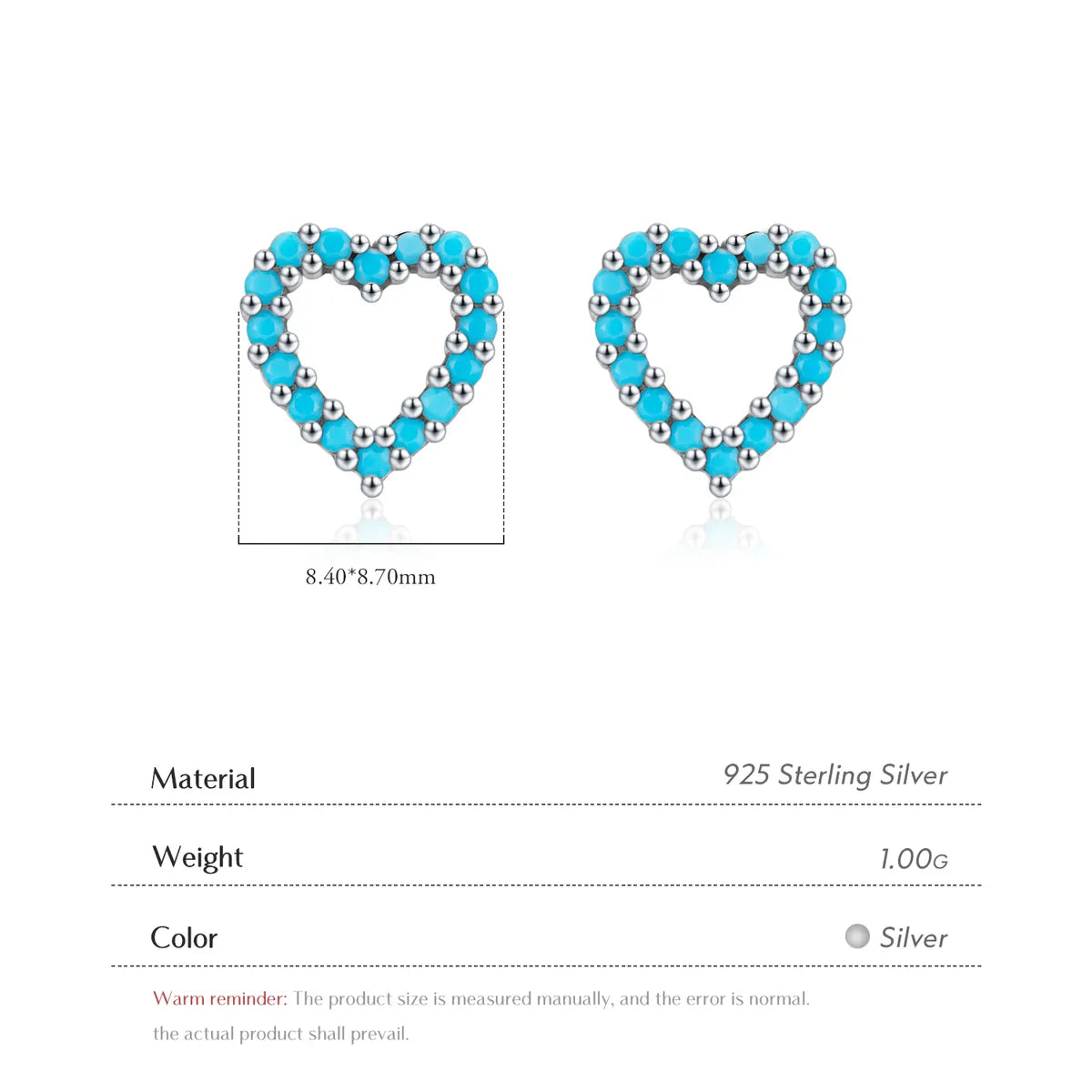 1 Pair Simple Style Heart Shape Hollow Out Inlay Sterling Silver Turquoise Ear Studs