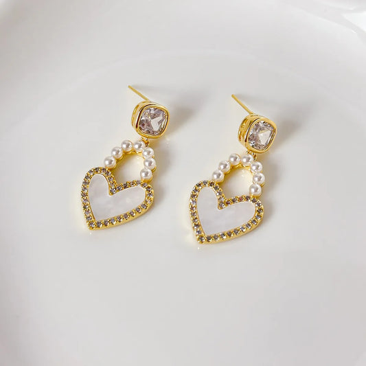 1 Pair Simple Style Heart Shape Inlay Copper Pearl Zircon Drop Earrings