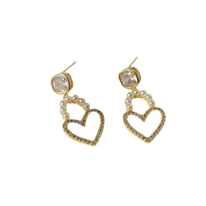 1 Pair Simple Style Heart Shape Inlay Copper Pearl Zircon Drop Earrings