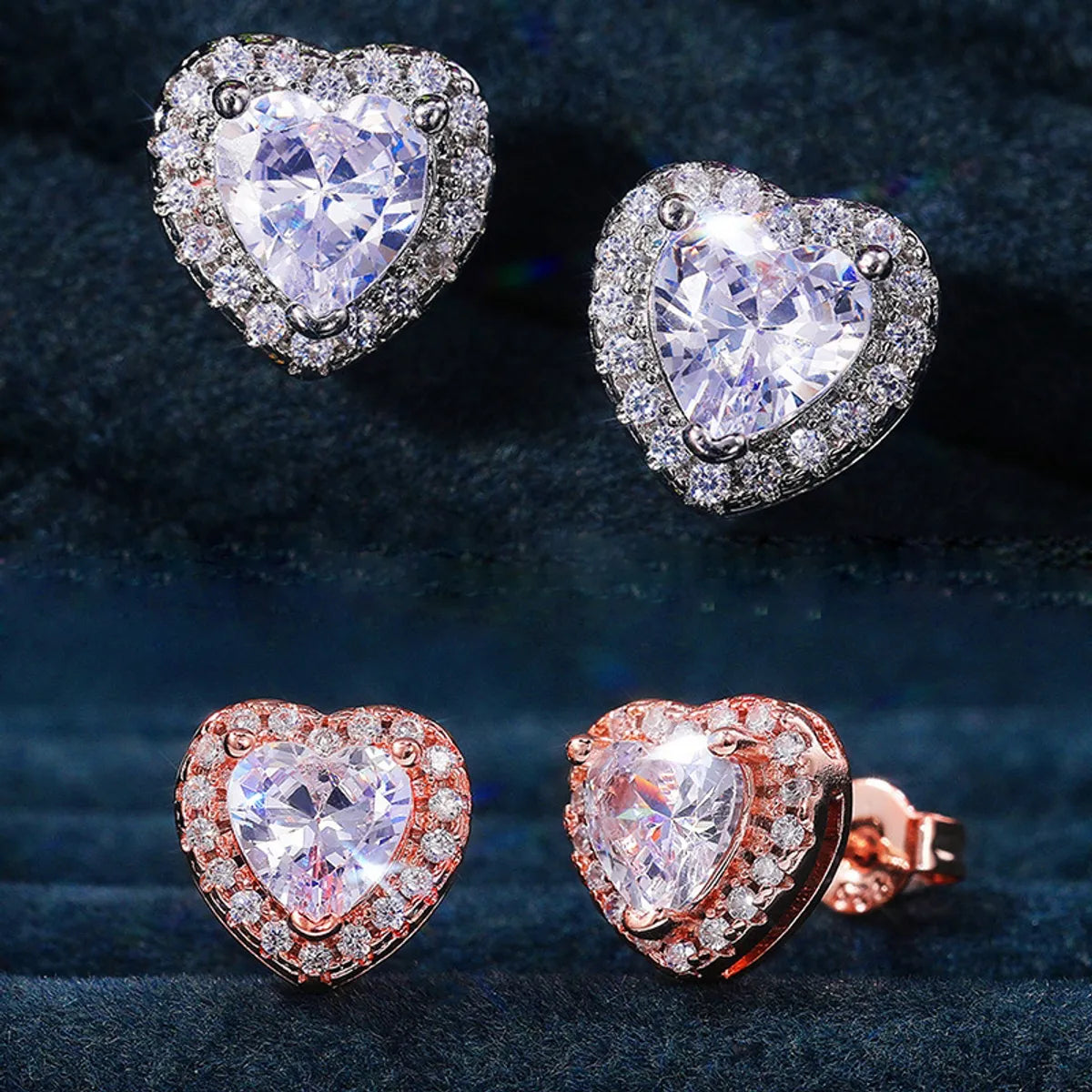 1 Pair Simple Style Heart Shape Inlay Copper Zircon Ear Studs