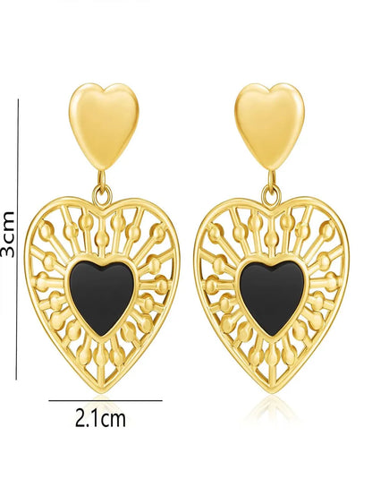 1 Pair Simple Style Heart Shape Plating Inlay Stainless Steel Obsidian 18k Gold Plated Drop Earrings