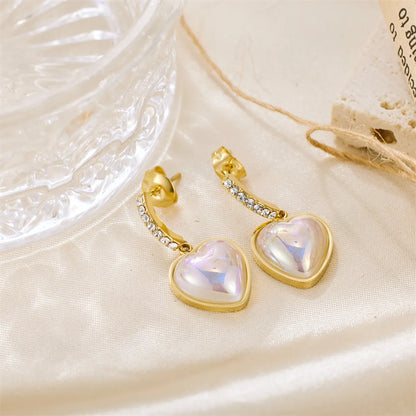 1 Pair Simple Style Heart Shape Plating Inlay Stainless Steel Zircon 18k Gold Plated Drop Earrings